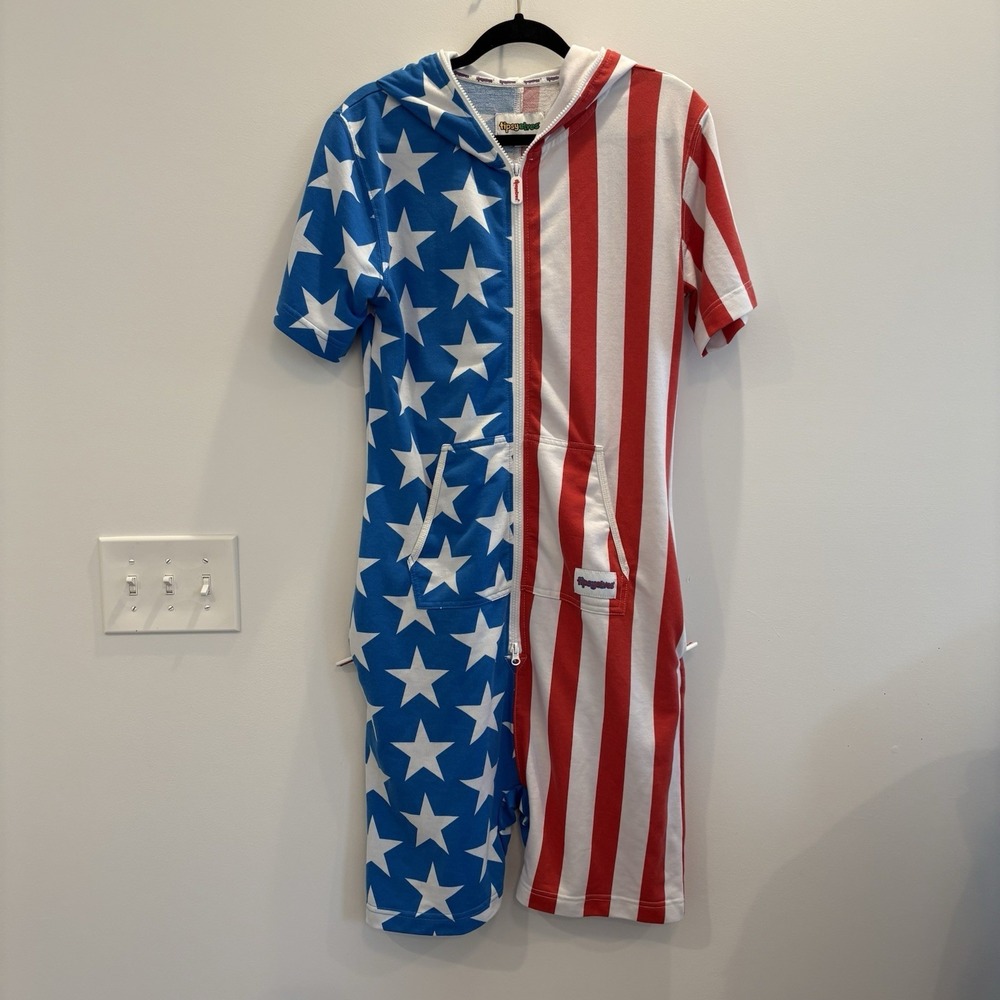 Tipsy Elves MEN'S Sz M‎ USA Hooded Fleece Patriotic American Flag Jumpsuit